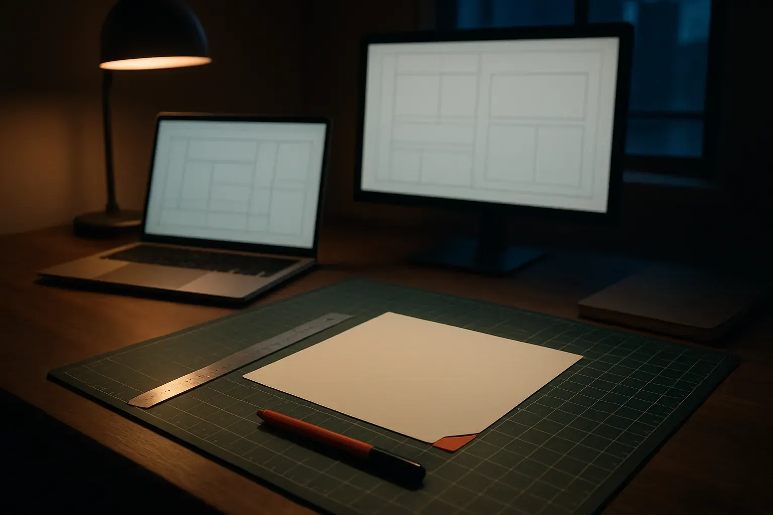 A workspace shot of the like-design studio, cutting mats and screens showing live project work.
