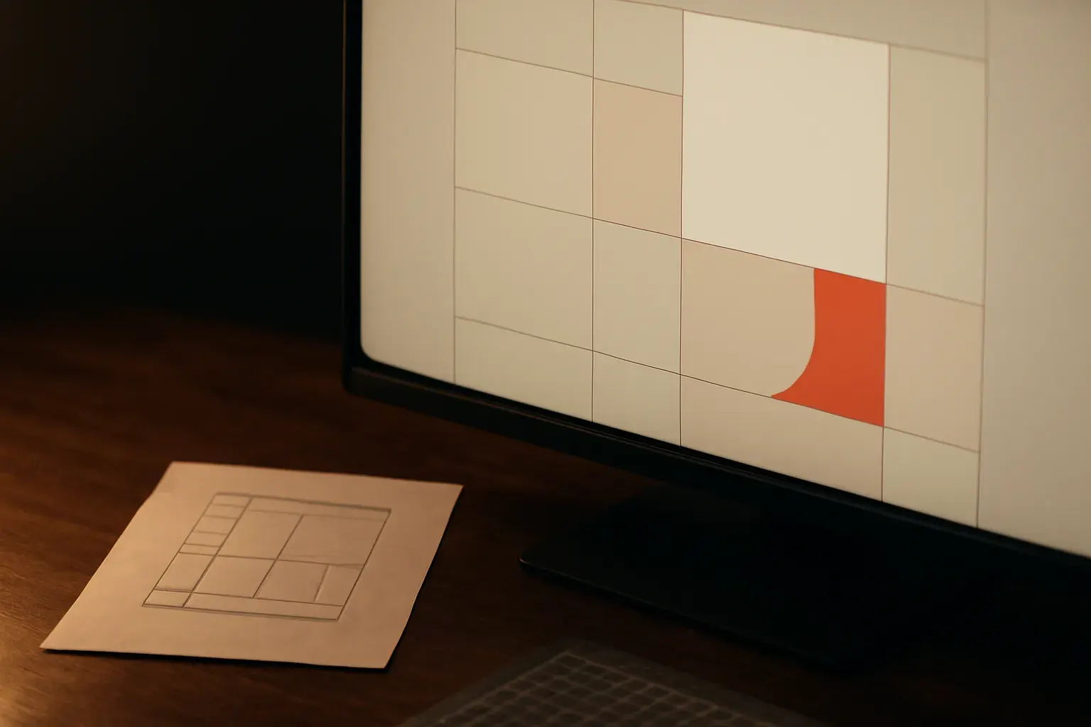 A close detail shot of design work in progress on a studio monitor, warm-lit.