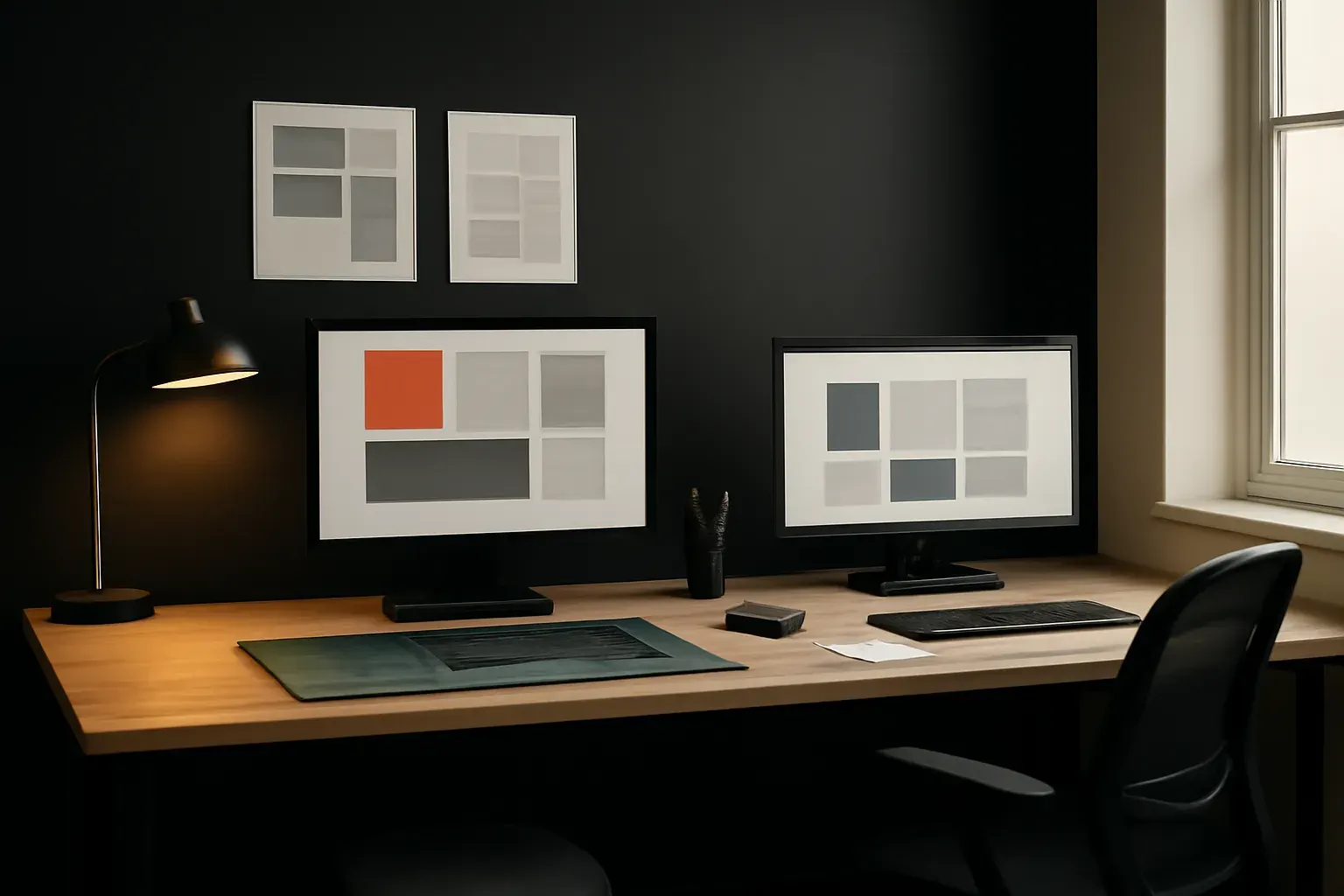 A wide shot of the like-design studio workspace, desks and screens mid-project, warm-lit.